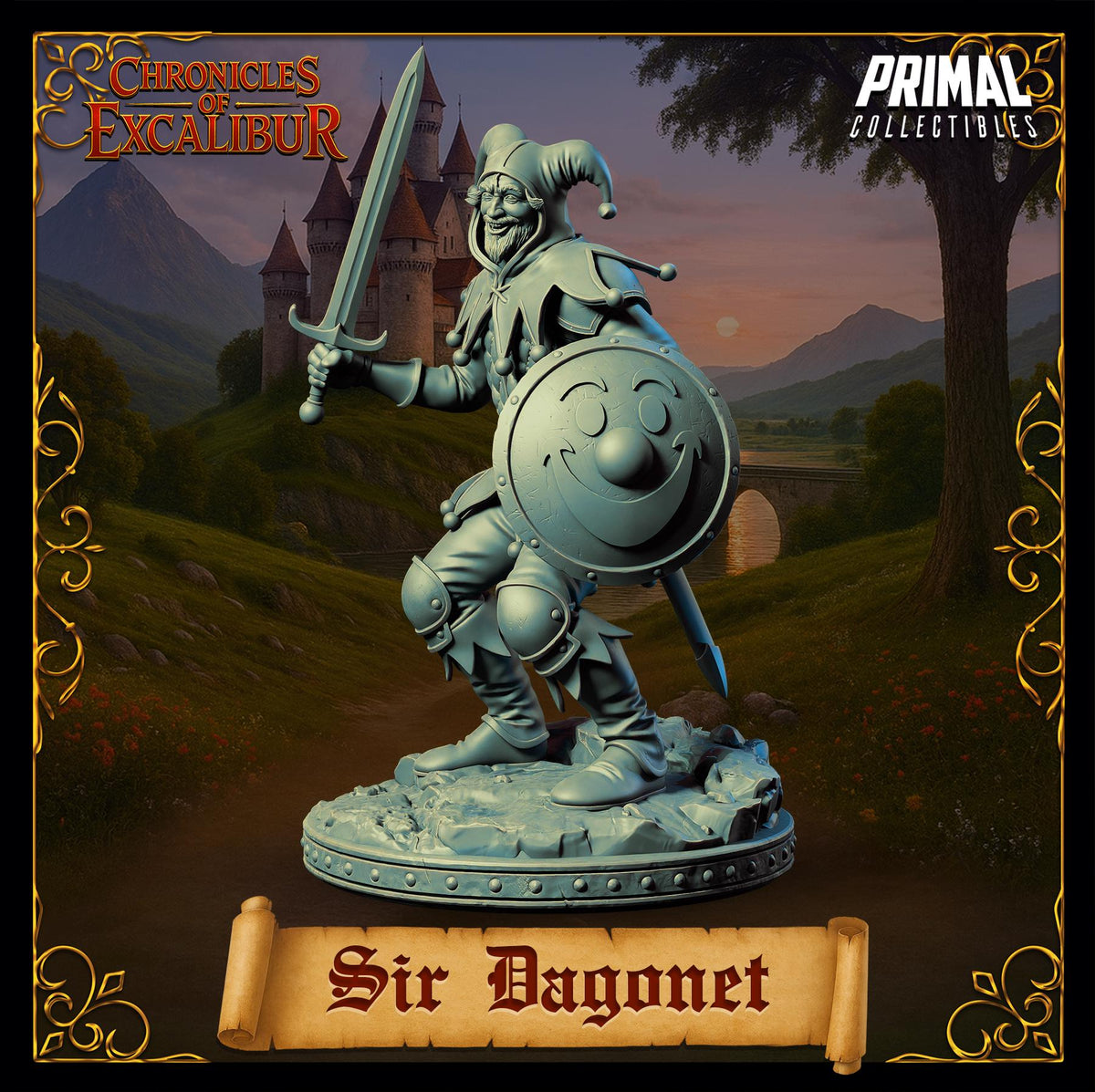 A statue of a jester or knight figure holding a shield with a smiley face, standing in front of a castle or palace.