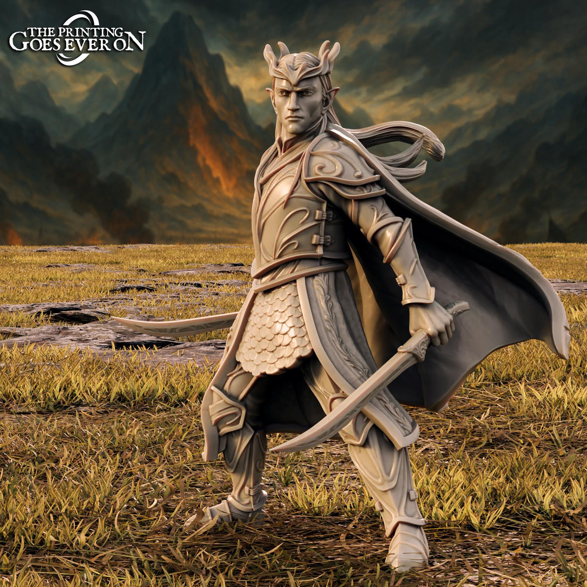 A statue of a warrior standing in a field, holding a sword and wearing a helmet with horns.