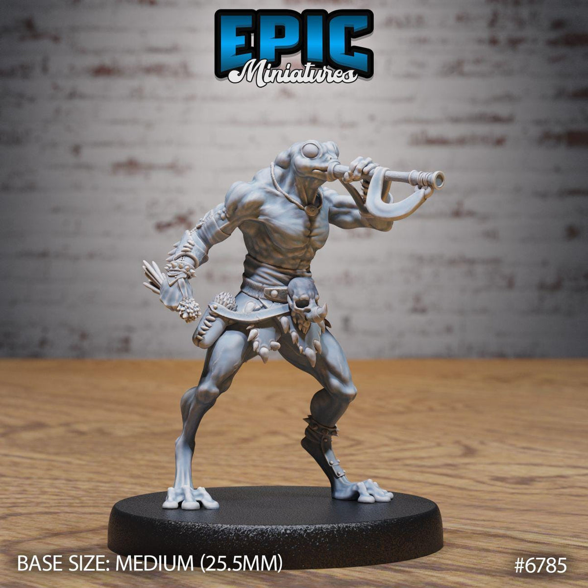 A figurine of a muscular, armored character with a large horn-like weapon, standing on a black base.
