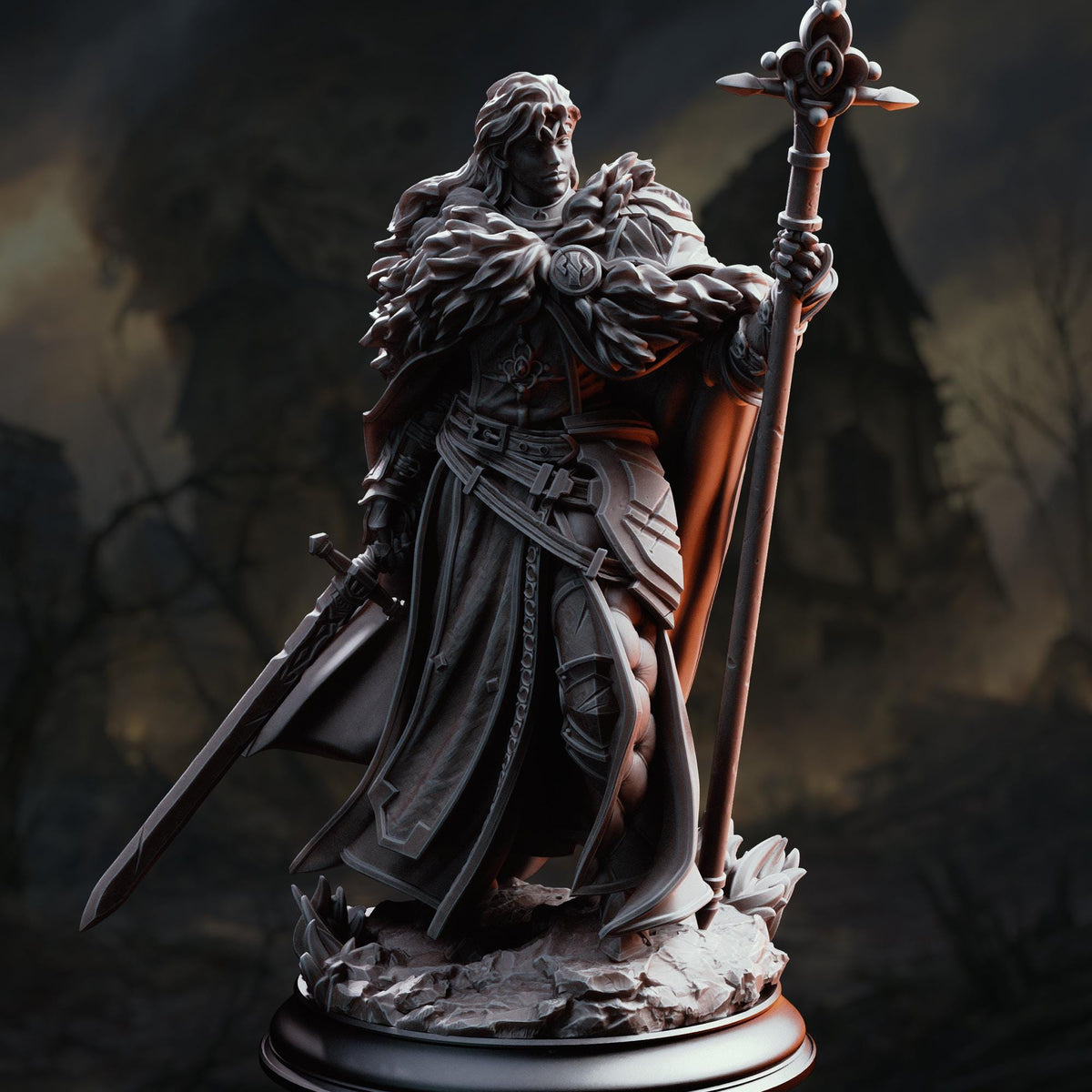 A detailed 3D rendering of a warrior figure holding a sword and shield, standing on a rocky base against a dark, foggy background.