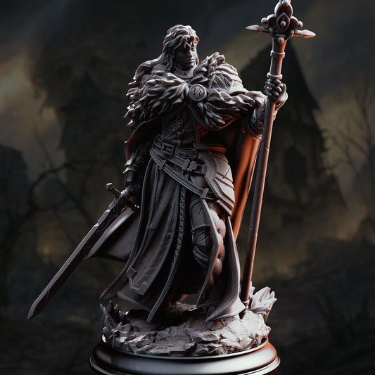 A detailed 3D rendering of a warrior figure holding a sword and shield, standing on a rocky base against a dark, foggy background.