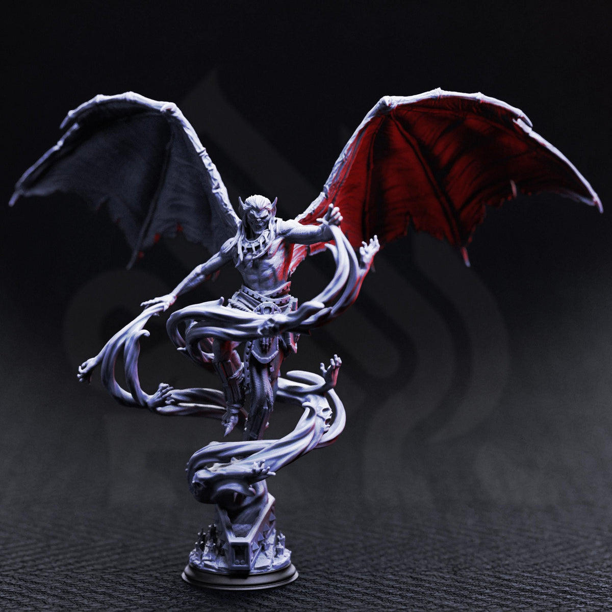 A detailed 3D model of a winged, armored figure with red wings, standing on a base and appearing to be in motion.