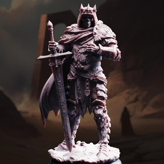 A detailed 3D model of a warrior figure holding a sword and standing in a dark, rocky landscape.