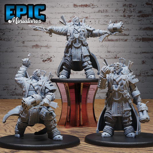 three detailed, heavily armored and armed miniature figures, likely representing characters from a video game or tabletop role-playing game.
