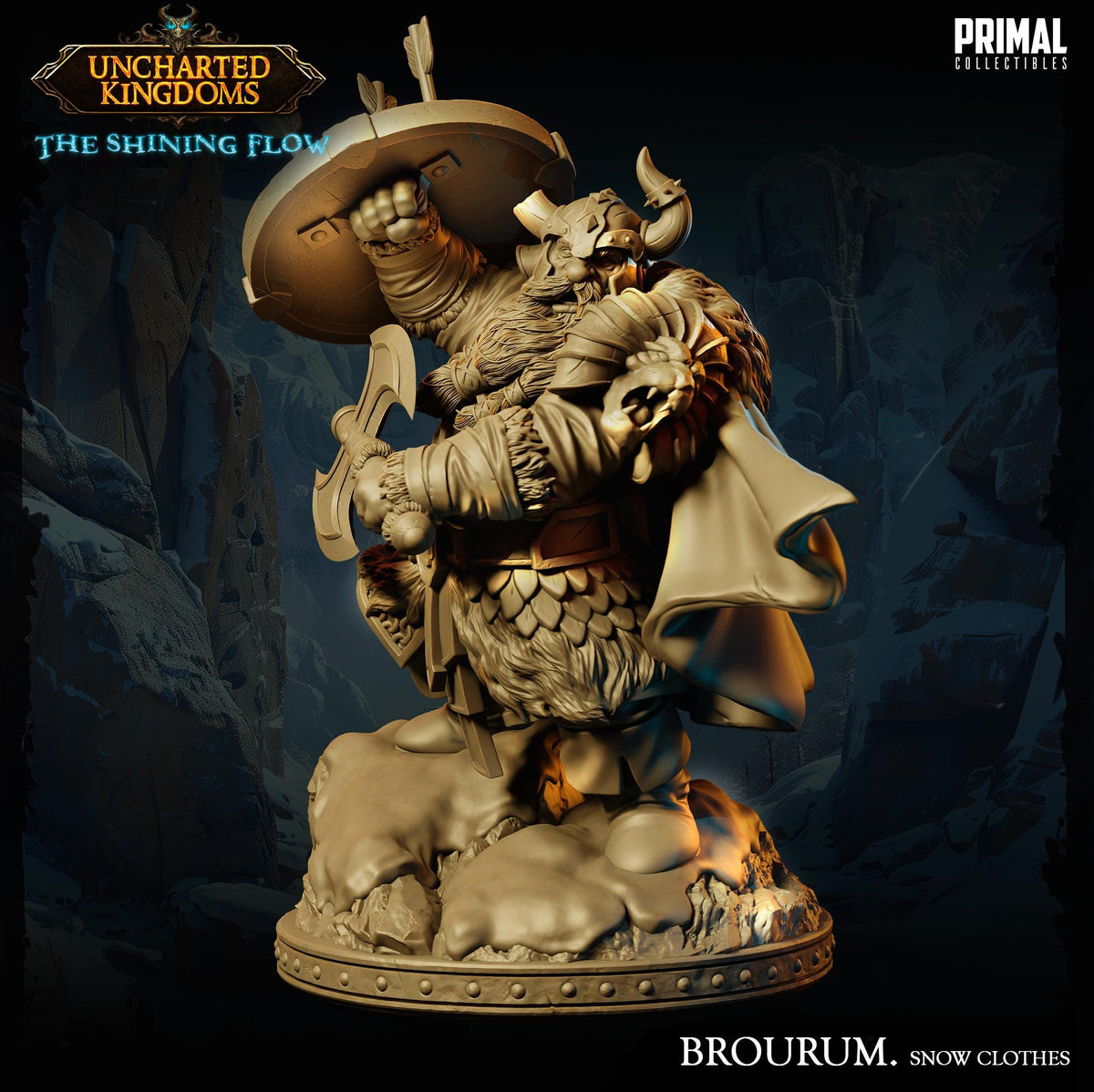 A detailed, detailed statue of a warrior figure from the video game "Uncharted Kingdoms: The Shining Flow". The warrior figure is depicted in a dynamic pose, holding a shield and sword, and is standing on a rocky base. The background of the image is dark and features a cave-like setting, which adds to the overall atmosphere of the scene.