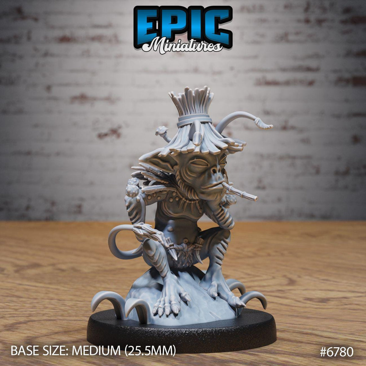 A figurine of a fantastical creature, possibly a monster or a dragon, sitting on a base. The figurine is described as a "MEDIUM" size, which is 25.5 millimeters in diameter. The background of the image is a brick wall.