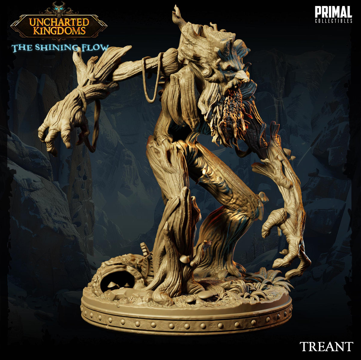 a detailed, intricate sculpture of a fantastical creature with a large, expressive face and a long, flexible body. The creature appears to be made of wood or a similar organic material, and it is standing on a base with a circular design. The background of the image is dark and mysterious, which adds to the overall atmosphere and aesthetic of the sculpture.