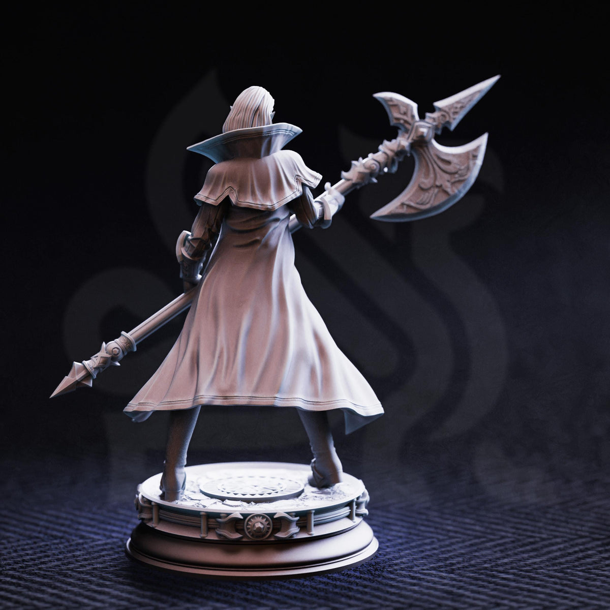 A statue of a person holding a large weapon, possibly a sword or spear, with a flowing robe and a serious expression on their face.