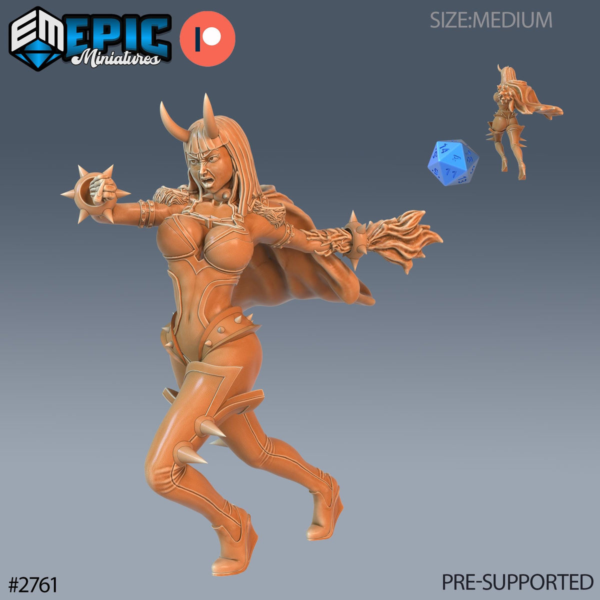 The image is a 3D model of a female character with horns and a cape, depicted in a dynamic pose. The character appears to be a fantasy or action figure, and it is shown in various sizes, from a small figurine to a larger, more detailed model. The image is pre-supported, meaning it is ready for use in a game or other project.