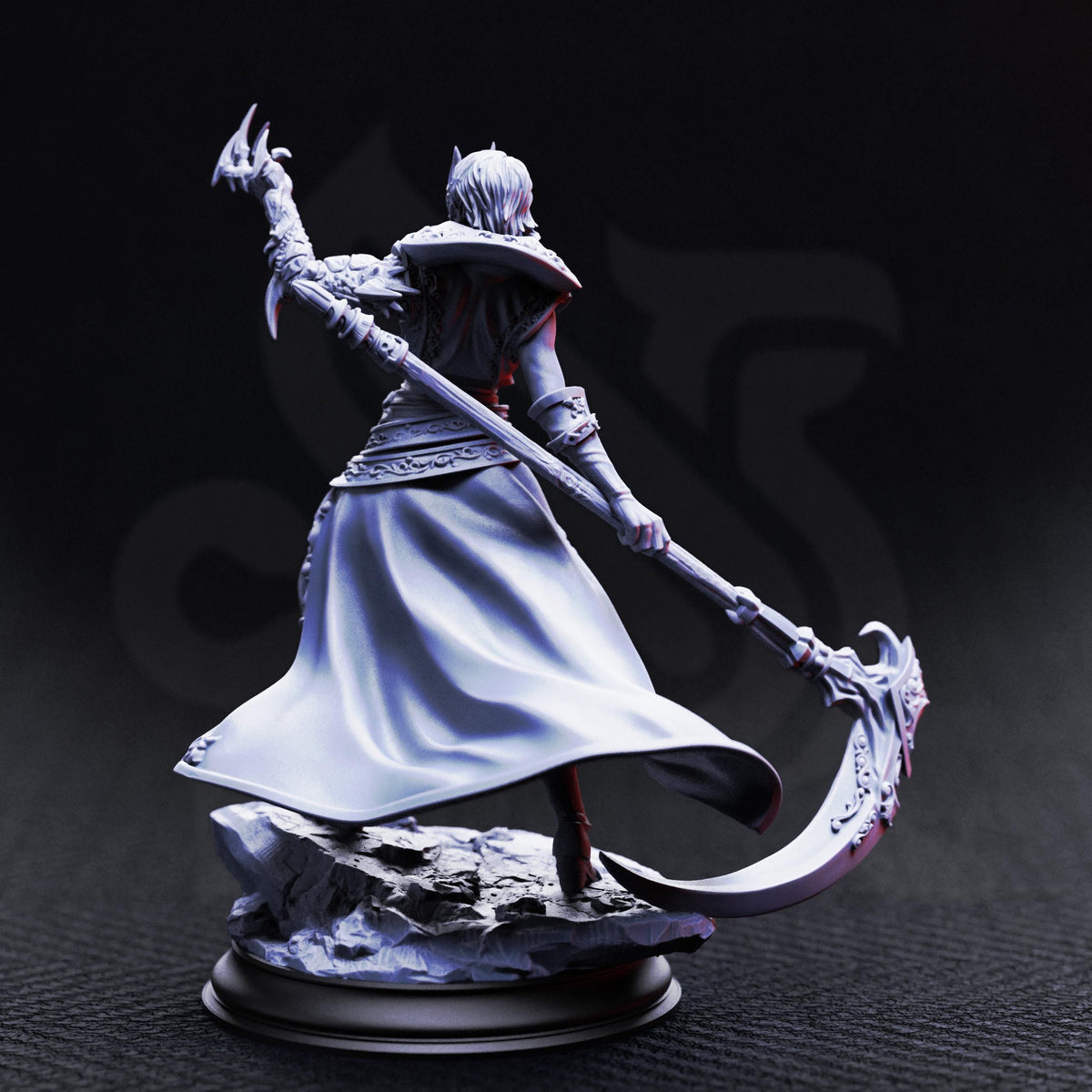A detailed 3D model of a warrior figure wielding a large weapon, standing on a rocky base against a dark background.