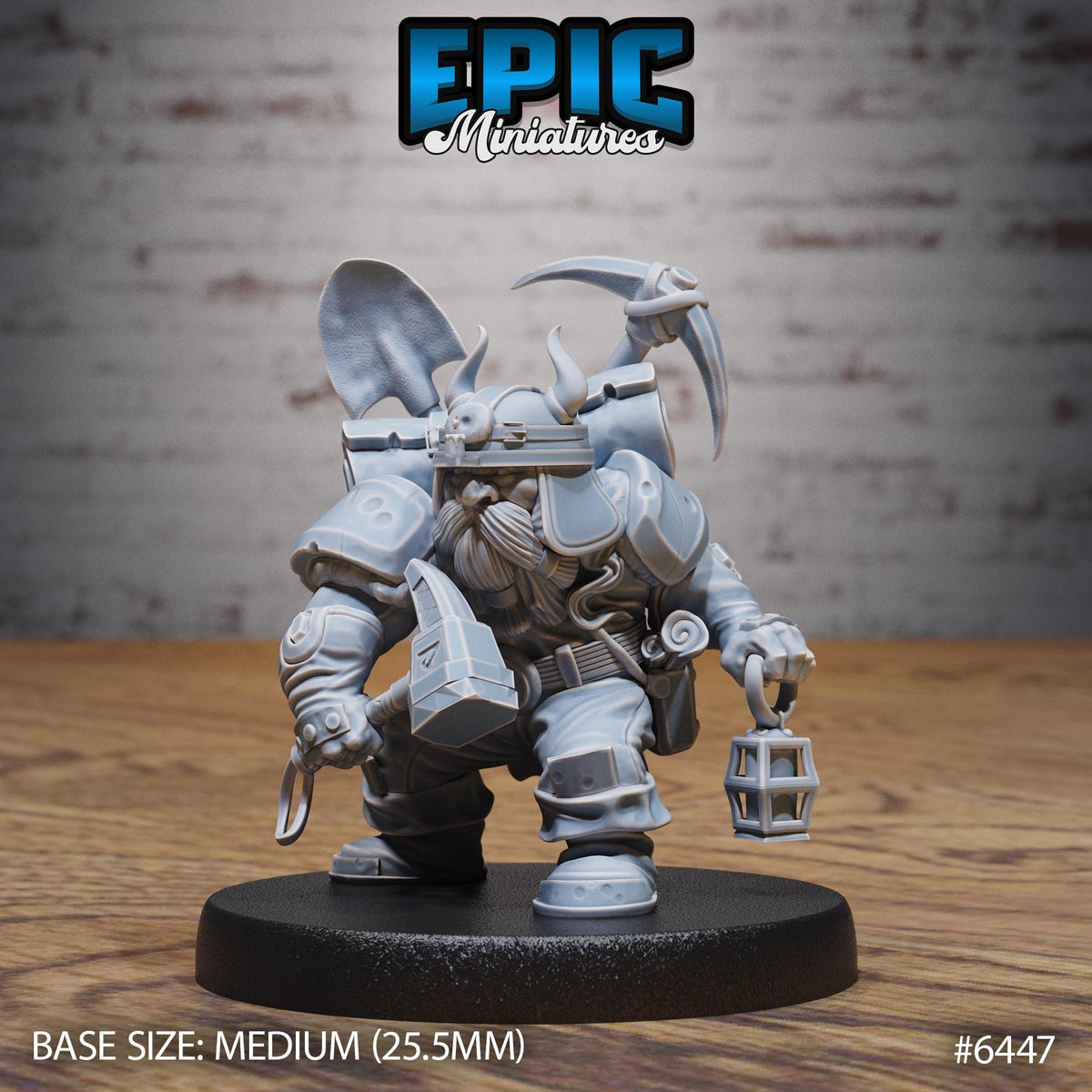 A figurine of a dwarf character from the video game Epic Miniatures, with a large skull-like head, a sword, and a lantern in its hand. The figurine is sitting on a black base and is described as a "MEDIUM" size, with a "25.5mm" base size.