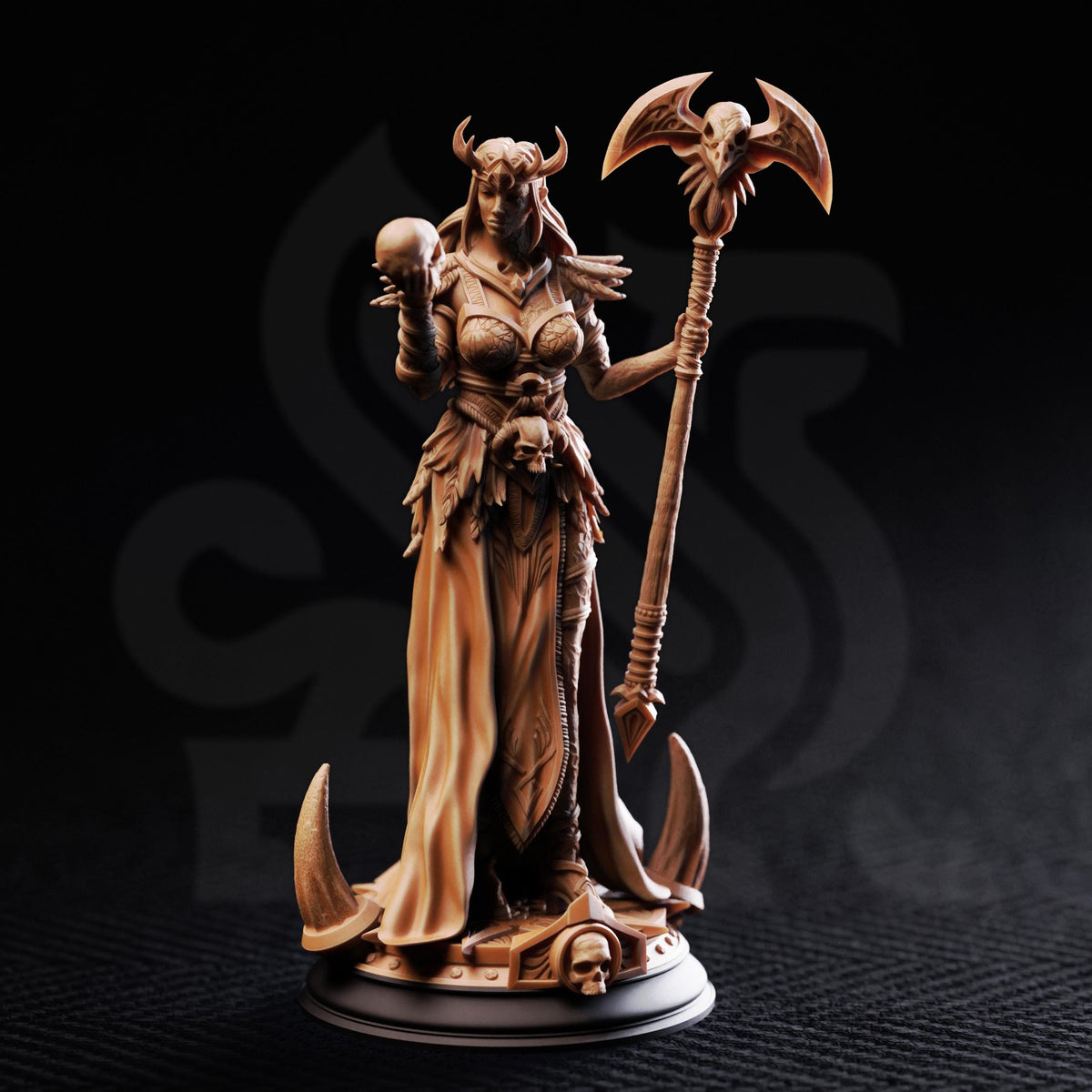 A detailed bronze statue of a female warrior figure, adorned with ornate headdress and wielding a large weapon.