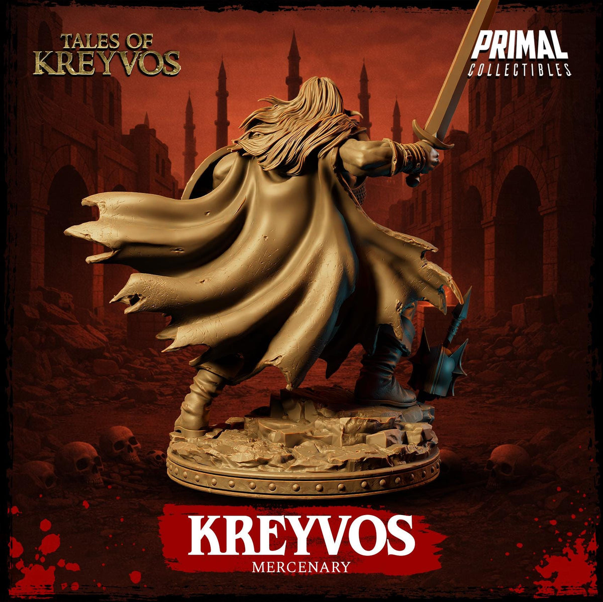 a statue of a warrior wielding a sword, set against a backdrop of a castle or ruins. The warrior is depicted in a dynamic pose, with a flowing cape and a determined expression. The text "KREYVOS" is prominently displayed, and "MERCENARY" is written below the statue.