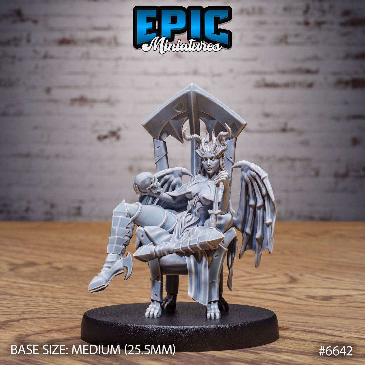 A figurine of a winged, winged female character sitting on a throne-like chair, with a sword in her hand. The figurine is placed on a black base and is described as a "MEDIUM" size, with a "BASE SIZE: 25.5MM" indication. The image is a part of the "EPIC MINIATURES" series.