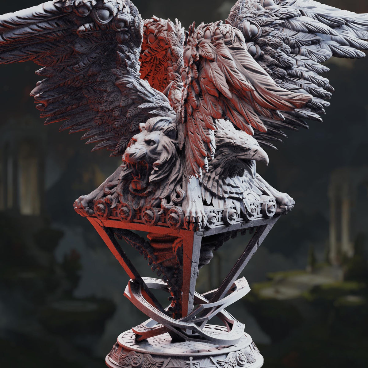 A detailed sculpture of a winged creature with a lion's head and an eagle's head, set against a dark, moody background.