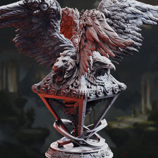 A detailed sculpture of a winged creature with a lion's head and an eagle's head, set against a dark, moody background.