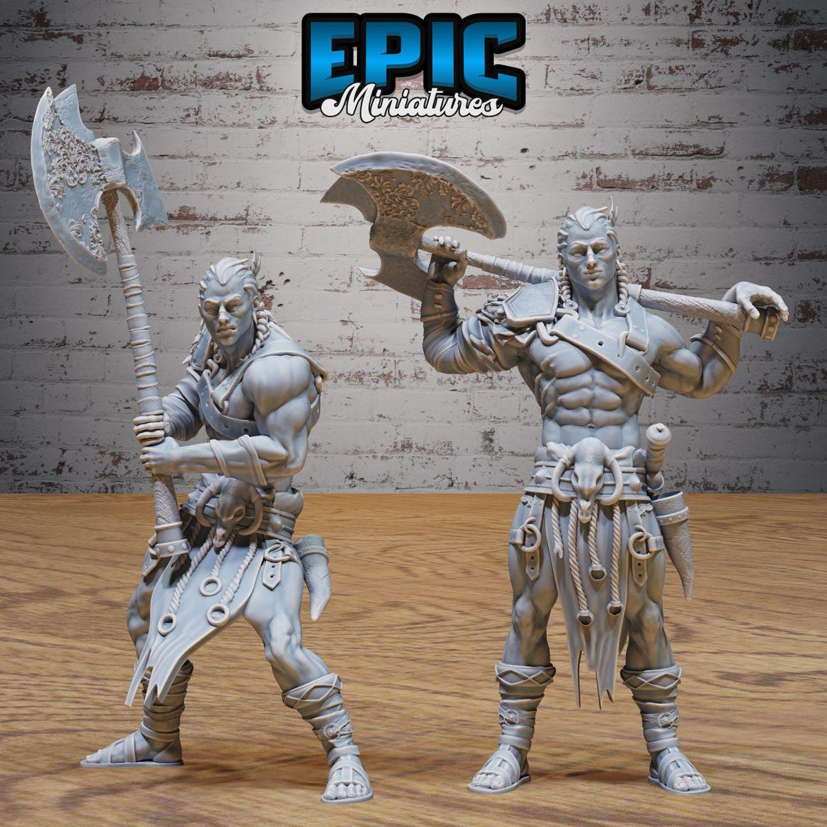 two warrior figures, each holding a large weapon, standing in front of a brick wall.
