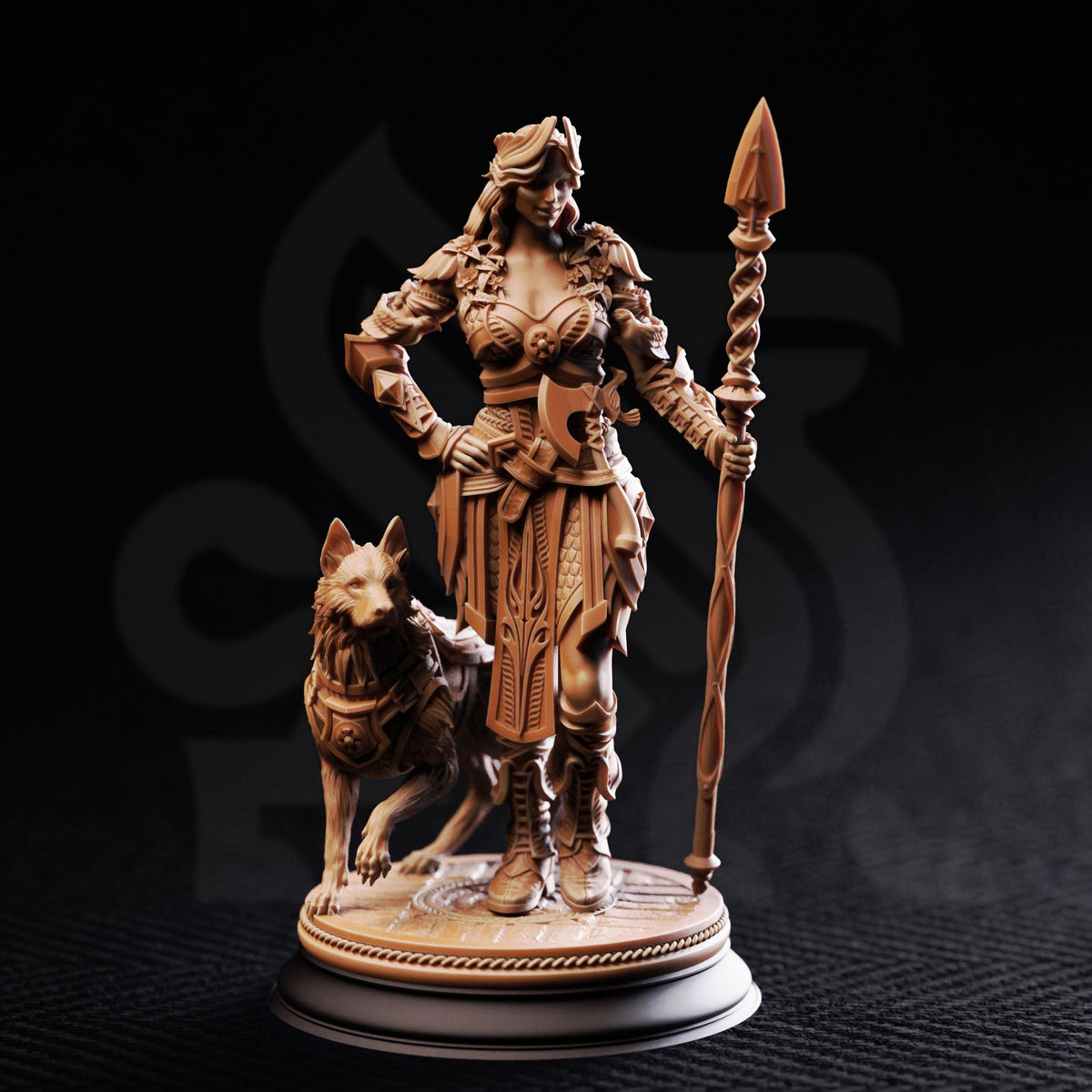 A detailed 3D model of a female warrior figure, holding a spear and accompanied by a wolf, standing on a pedestal against a dark background.