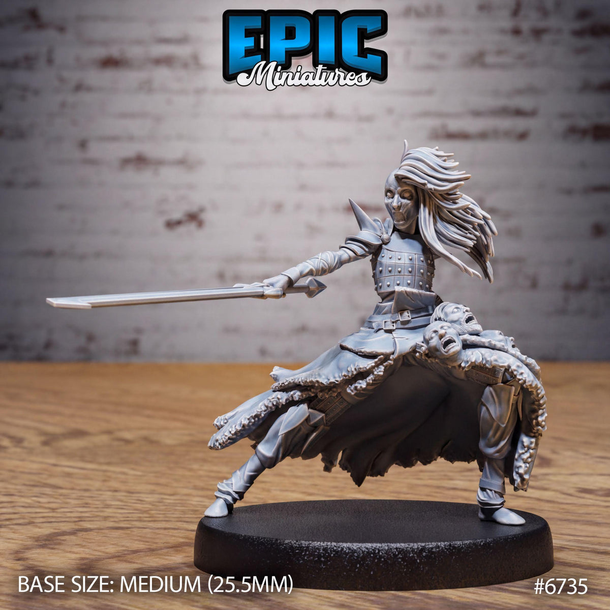 A detailed figurine of a female warrior wielding a sword, set against a brick wall background. The figurine is described as a "MEDIUM" size, with a base size of 25.5mm. The image is numbered #6735.