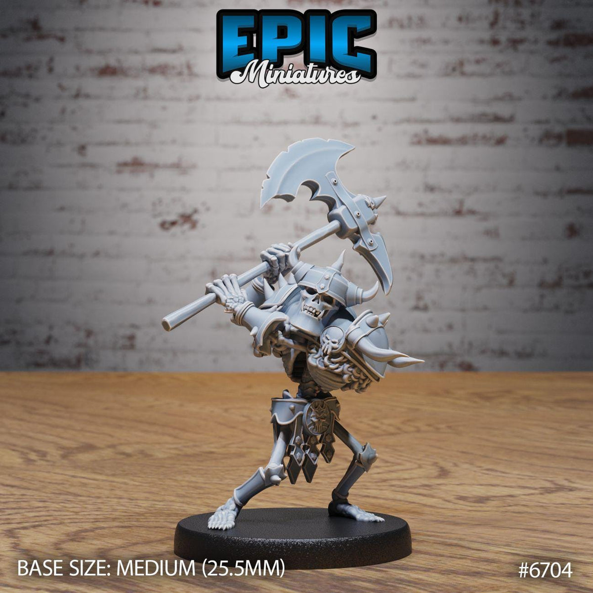 A figurine of a skeletal warrior holding a large weapon, likely a sword or spear, stands on a black base.