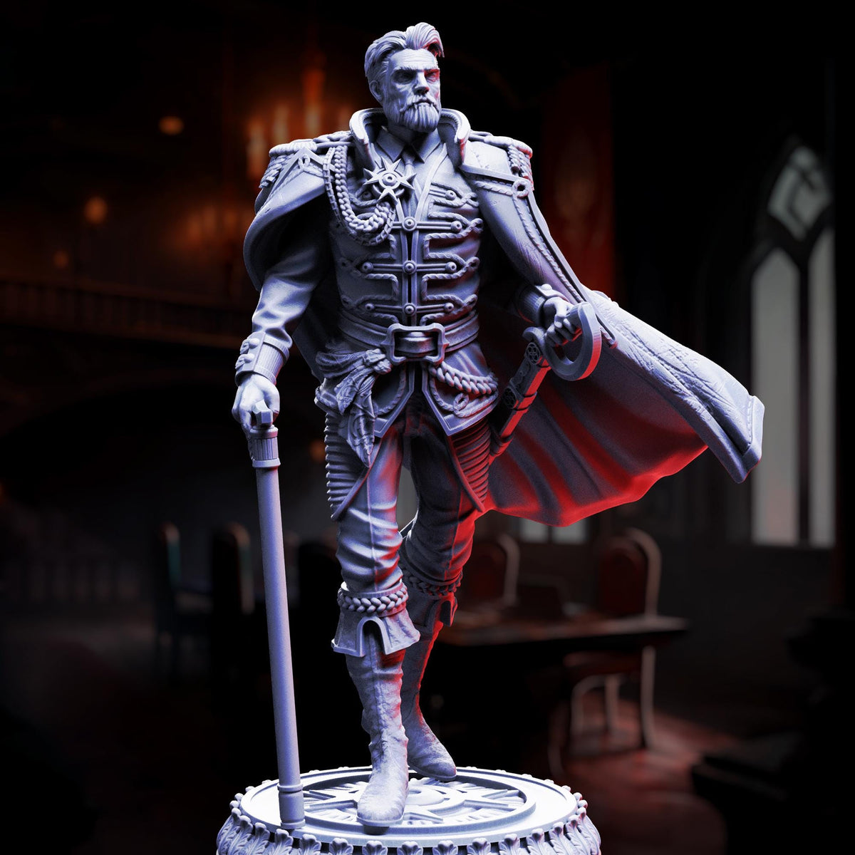 A detailed 3D model of a man in a military uniform, standing in a dark room with a red curtain in the background.