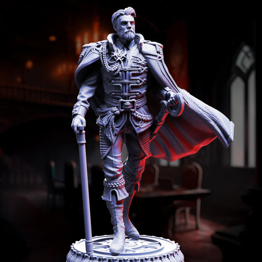 A detailed 3D model of a man in a military uniform, standing in a dark room with a red curtain in the background.
