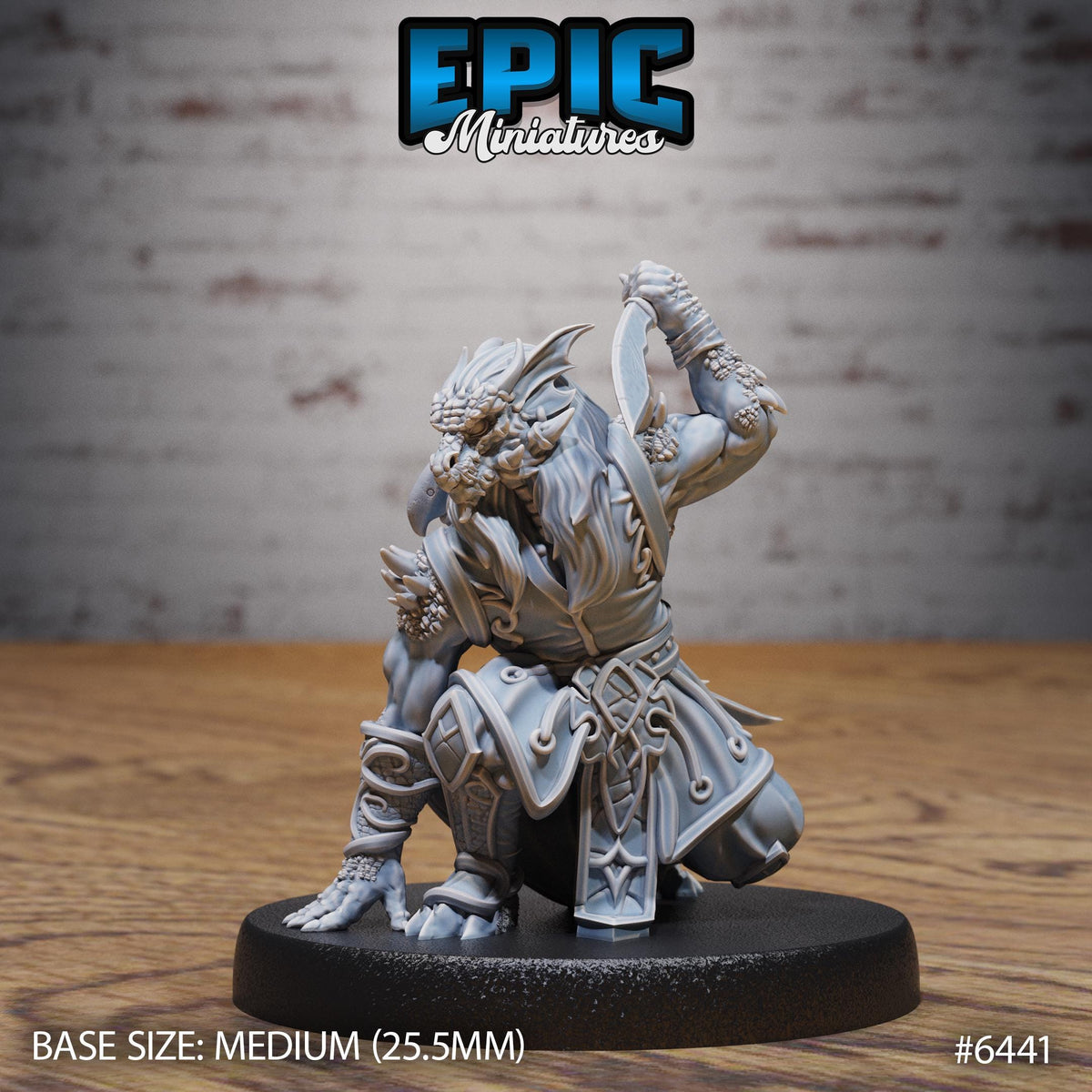 A figurine of a warrior-like character with a fierce expression, sitting on a black base and holding a weapon in its hand.