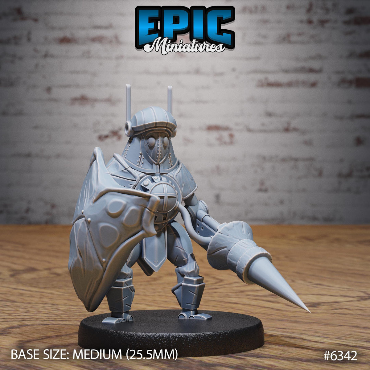 A 3D model of a character in a fighting stance, holding a large weapon, and standing on a base. The character appears to be a miniature figure from the video game Epic Miniatures.