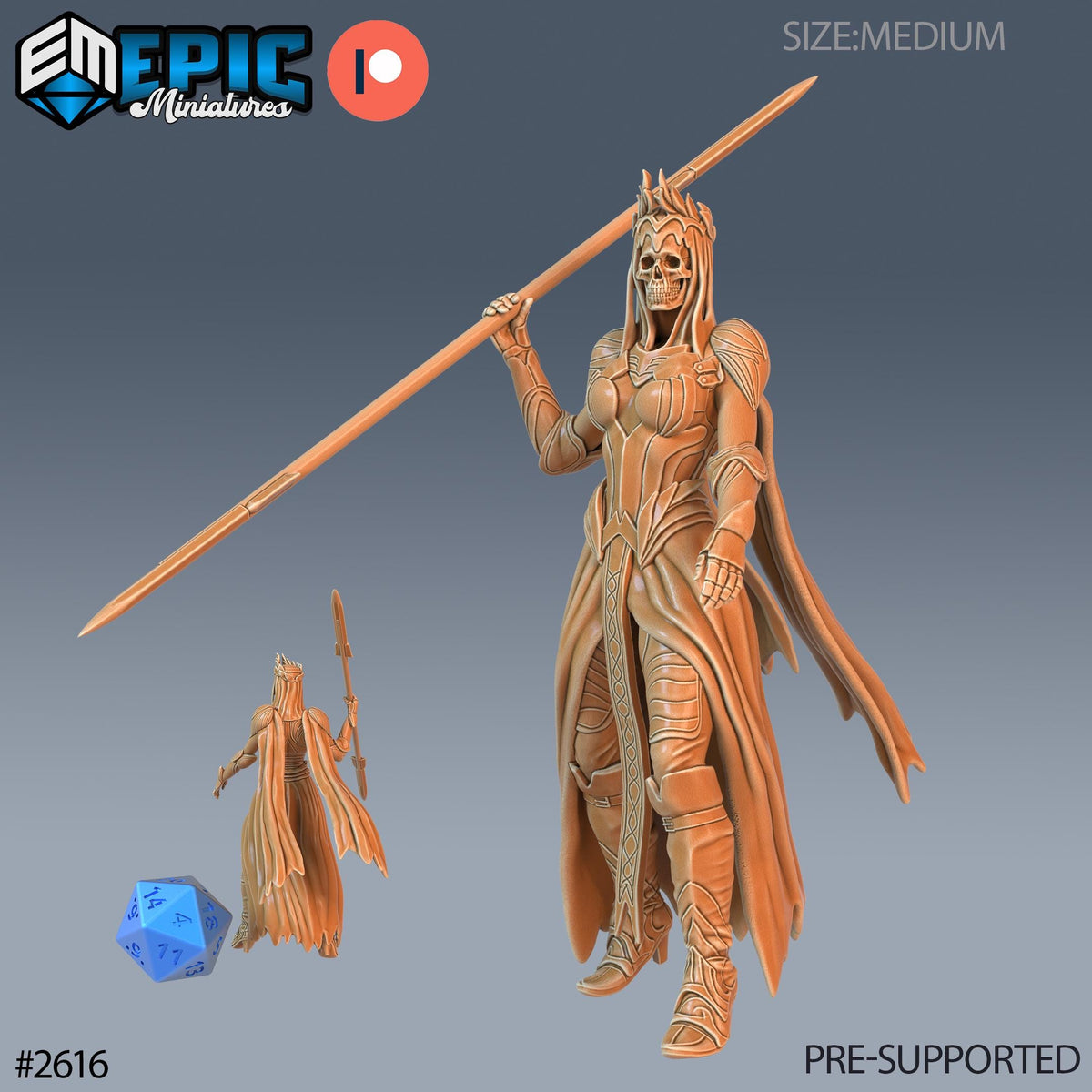 a 3D model of a female warrior figure holding a spear and a blue die. The figure is depicted in a detailed and intricate manner, showcasing the craftsmanship and artistry involved in creating this miniature.