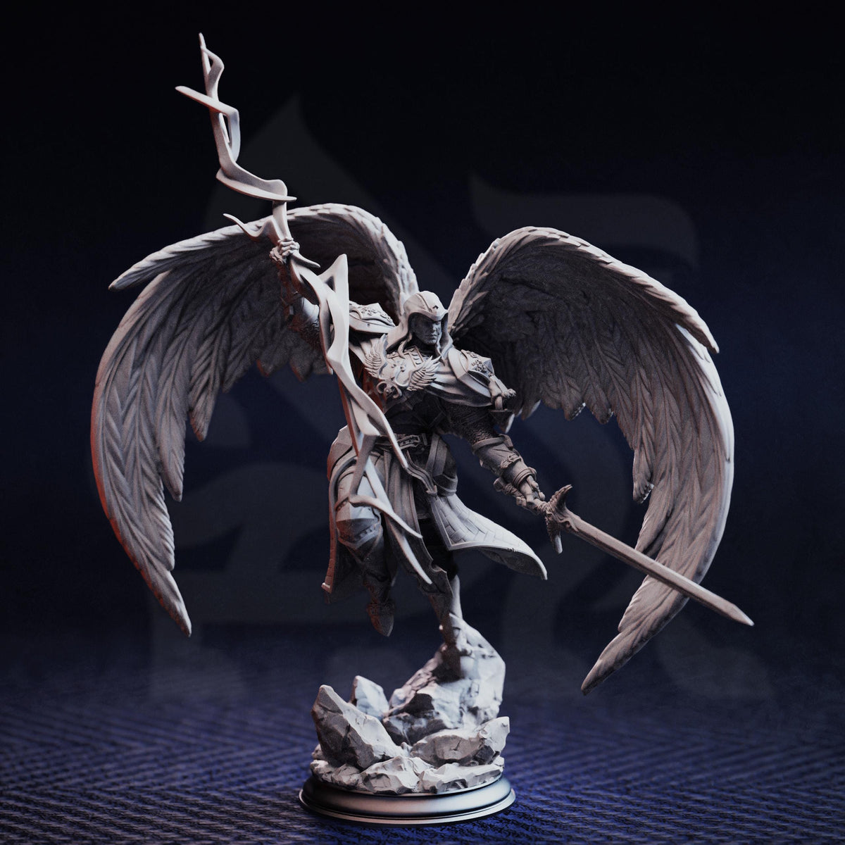 A detailed 3D model of a winged warrior figure, holding a sword and shield, standing on a rocky base against a dark background.