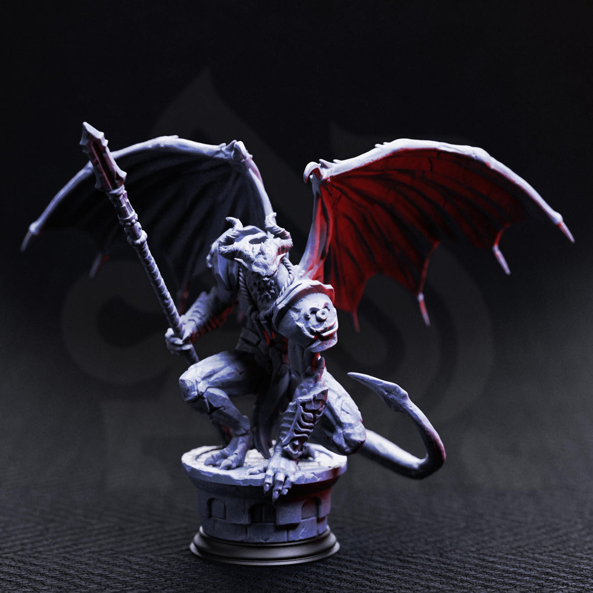 A detailed 3D model of a winged, armored dragon-like creature with red wings and a fierce expression, standing on a pedestal against a dark background.
