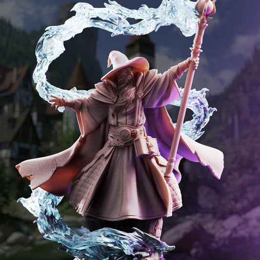 A detailed 3D rendering of a wizard or magical figure holding a staff and surrounded by swirling water and energy.