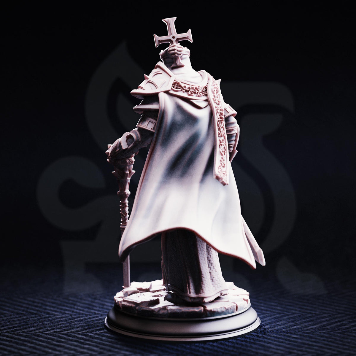 A statue of a knight in shining armor, standing on a pedestal and holding a sword.