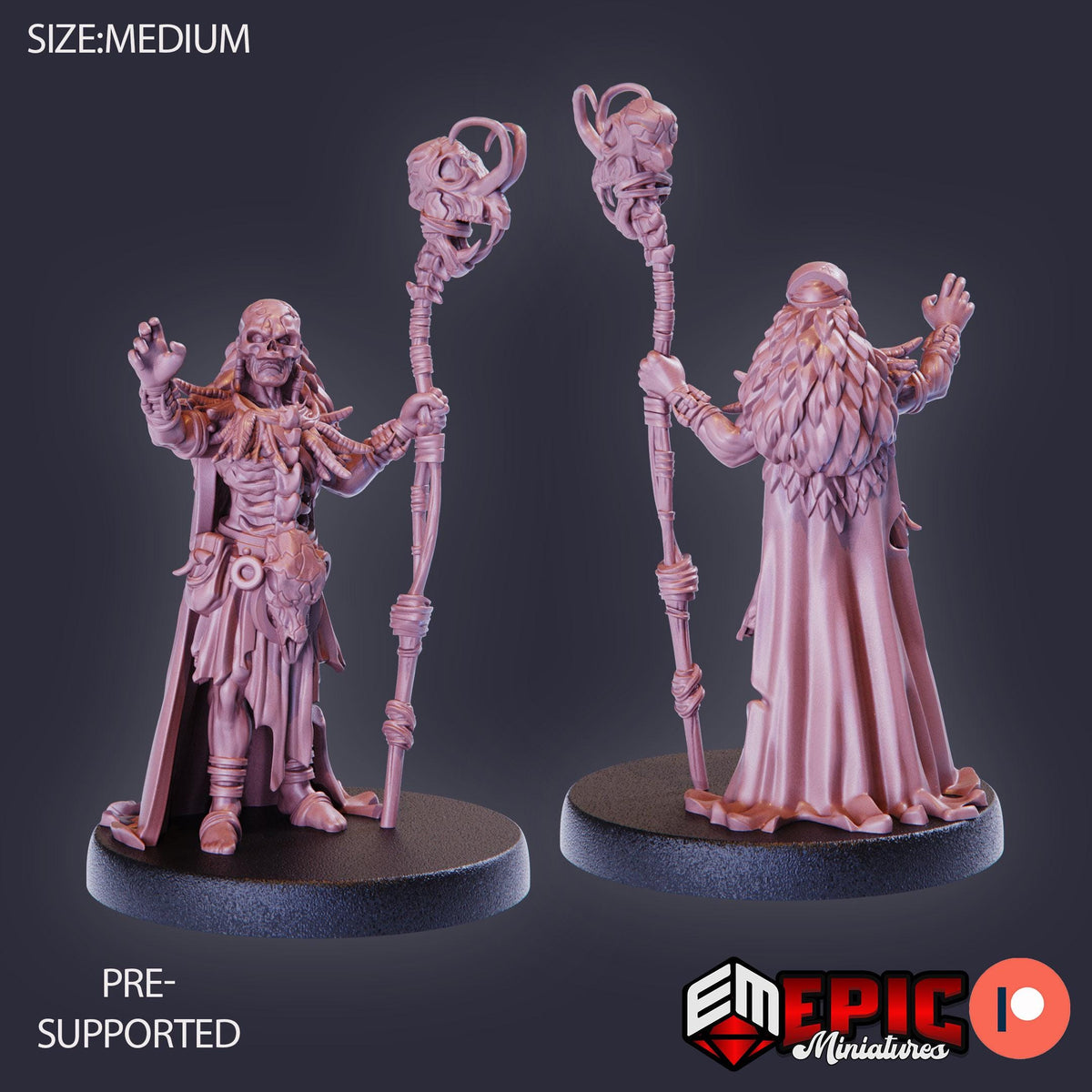 two figurines of a character with a long beard and a staff, standing on a platform.