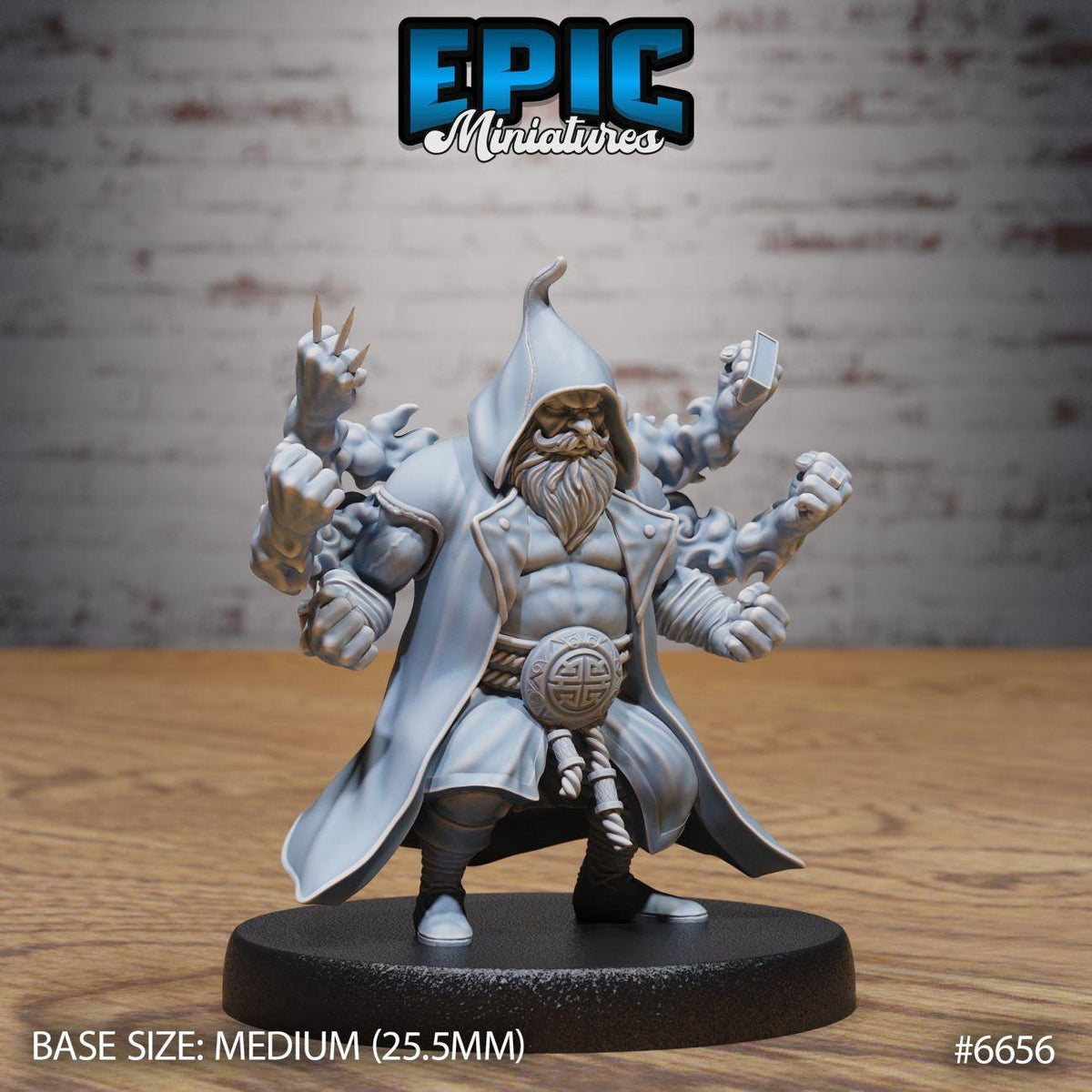 A detailed miniature figurine of a character with multiple arms and a beard, standing on a black base. The character appears to be a fantasy or fantasy-inspired figure, possibly a deity or a powerful warrior. The background is a brick wall, which adds to the overall aesthetic of the image. The image is described as a "MEDIUM" size, with a "BASE SIZE: 25.5MM" and a "#6656" reference.