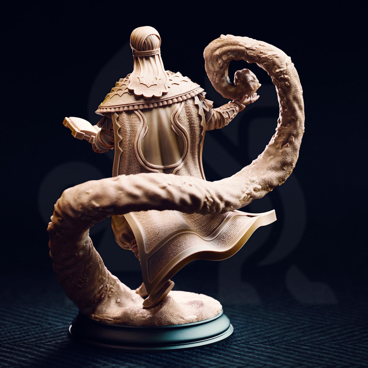 A detailed sculpture of a figure with an ornate headdress and a curled tail, set against a dark background.