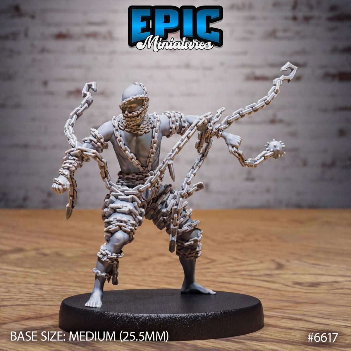 A figurine of a chained, armored figure standing on a black base.