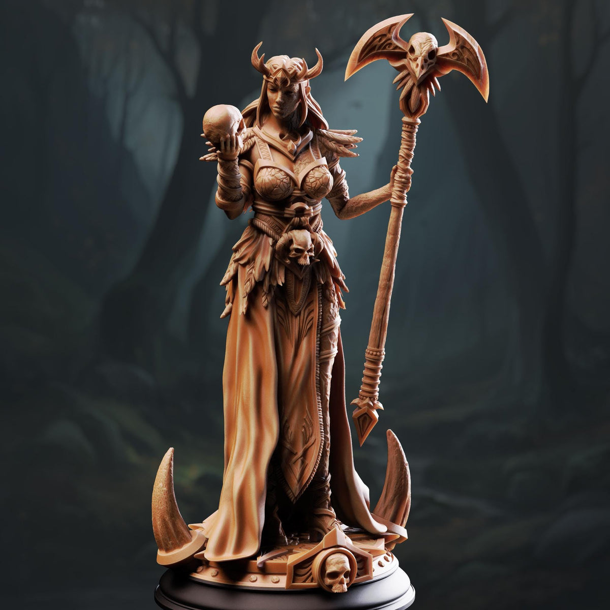 A bronze statue of a woman with horns, a long cloak, and a staff, holding a skull and a weapon, standing in a dark, wooded setting.