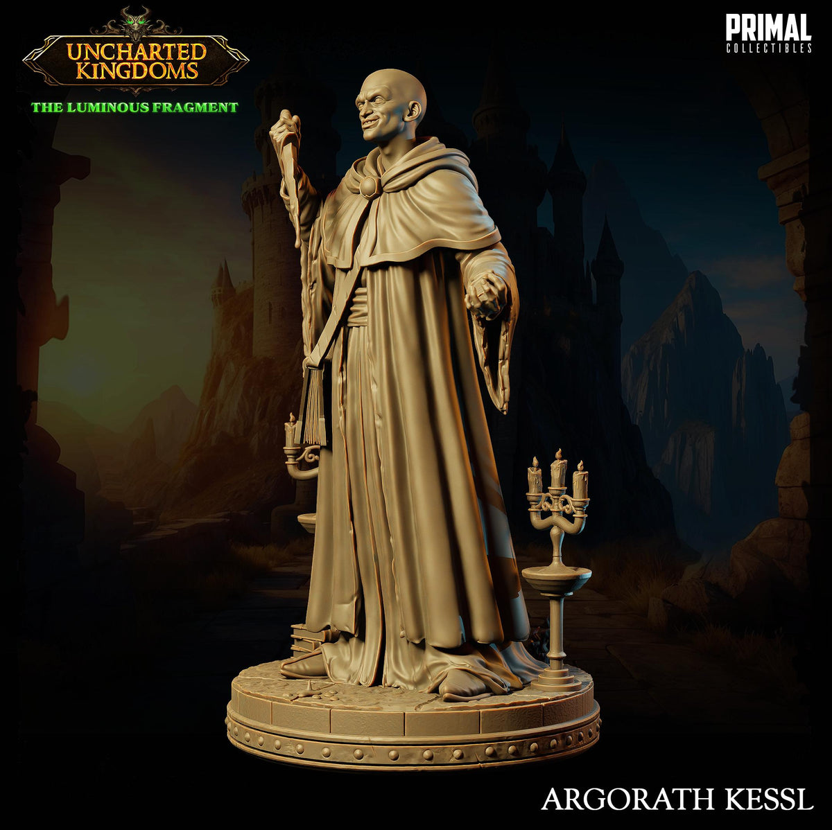 A statue of a man in a robe, holding a staff and a candelabra, standing in a dark, fantastical landscape with mountains in the background.