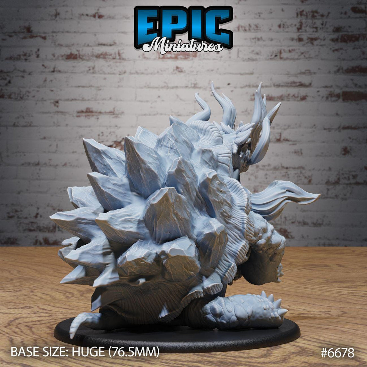 A 3D model of a large, intricate, and detailed figurine, likely a miniature of a fantastical creature or character, displayed on a wooden surface against a brick wall background.