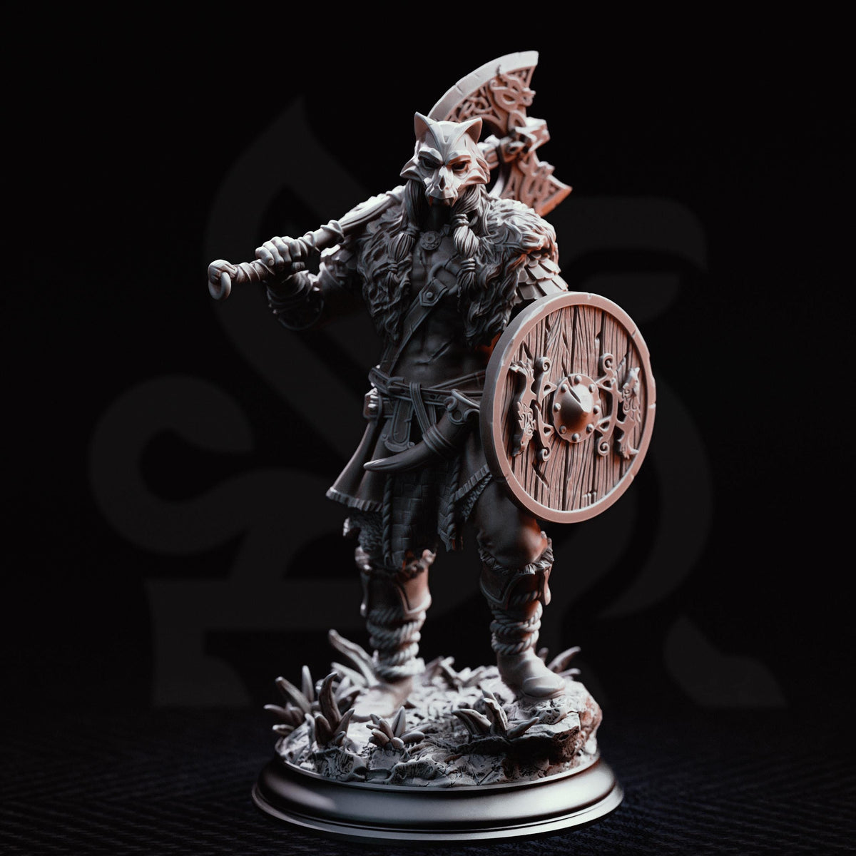 A detailed 3D model of a warrior figure, holding a shield and wielding a sword, standing on a base with a dark background.