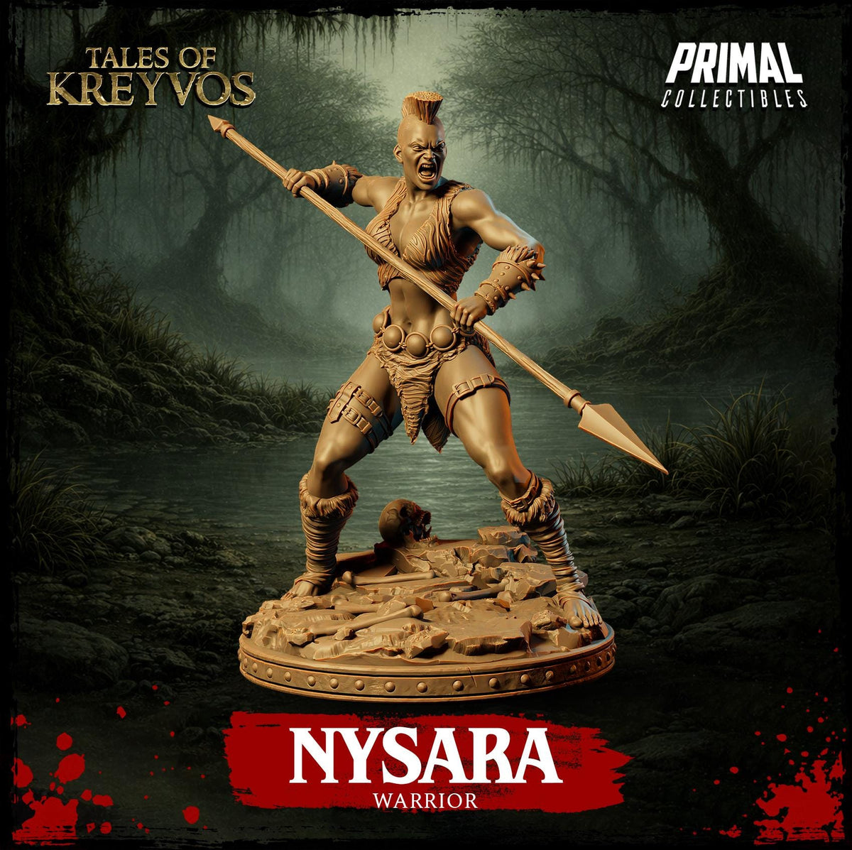 a warrior statue of a woman, named Nyssara, who is depicted as a fierce warrior.