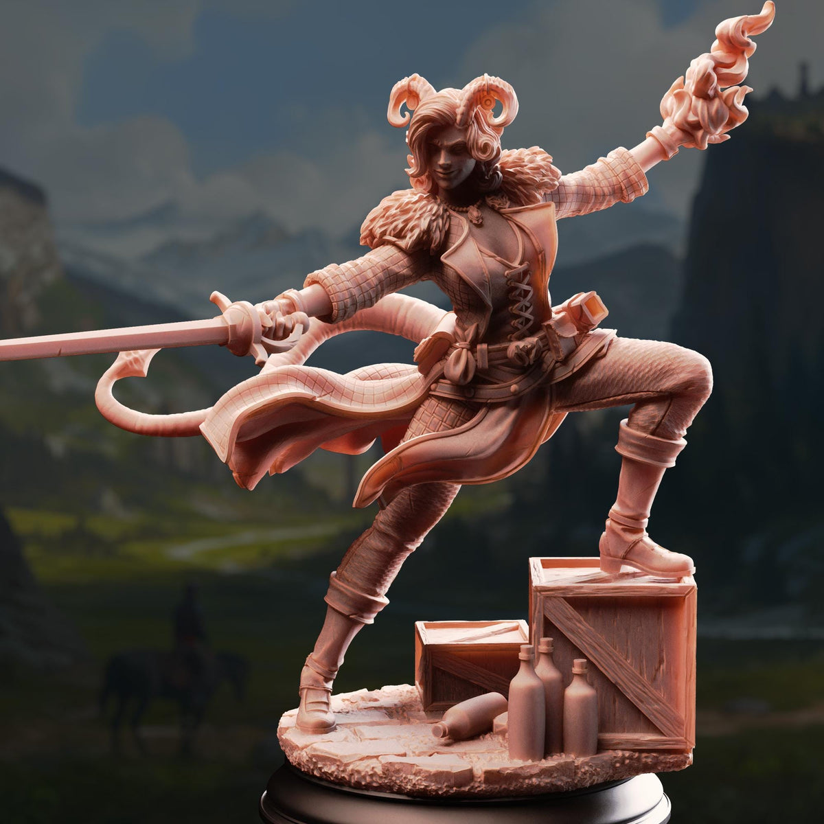 A detailed 3D model of a female character with horns, wearing a fur-trimmed outfit and wielding a sword, standing on a wooden platform with various objects around her.