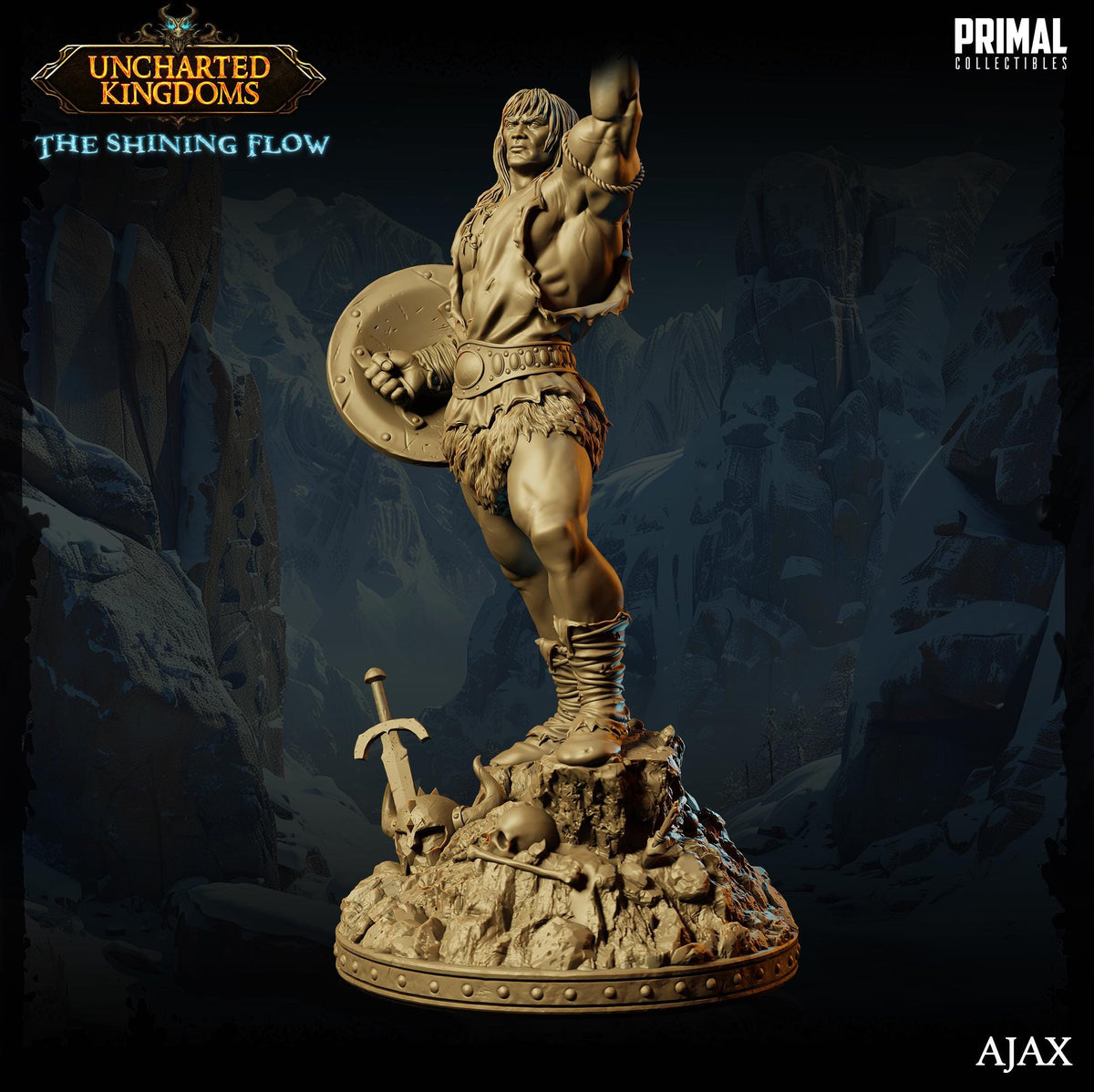 a statue of a muscular man holding a shield and sword, standing on a rocky base.
