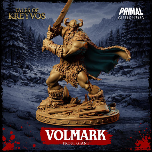 a large, detailed statue of a frost giant, a mythical creature with the body of a dragon and the head of a lion. The frost giant is holding a sword and standing on a platform, with a snowy mountain landscape in the background.