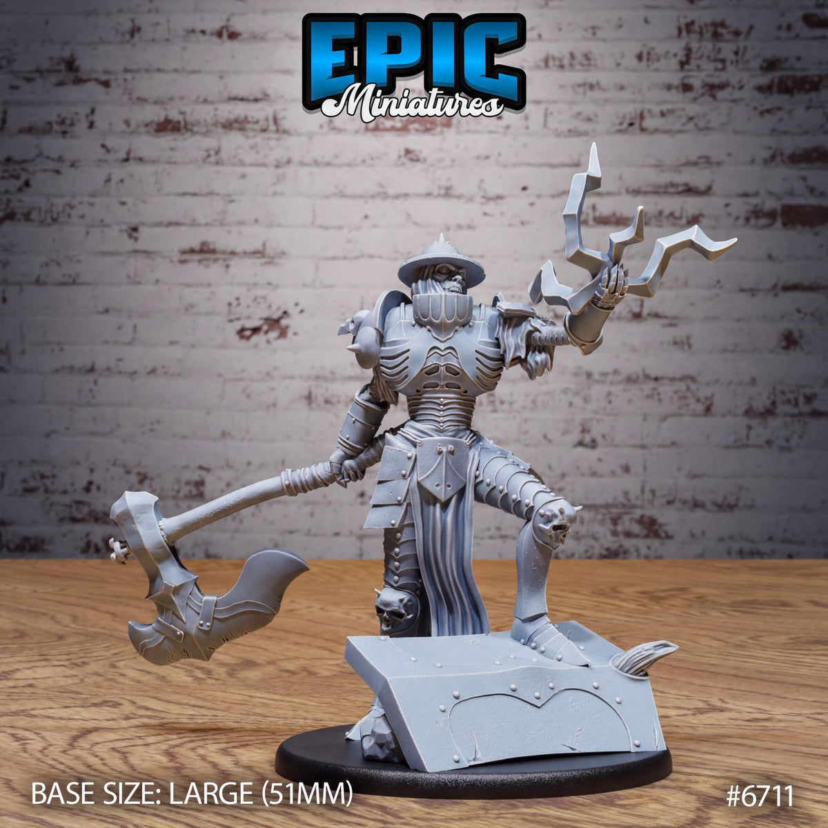 A 3D model of a warrior figure, likely from the video game Epic Miniatures, standing on a base and holding a large weapon.