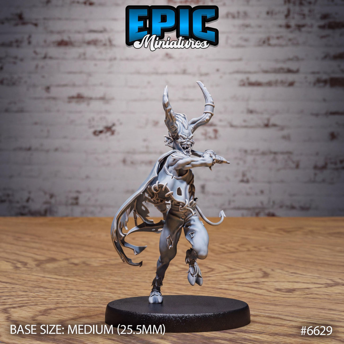 A figurine of a winged, horned creature with a flowing cape, standing on a black base. The figurine is described as a "MEDIUM" size, with a base size of 25.5 millimeters. The background is a brick wall.