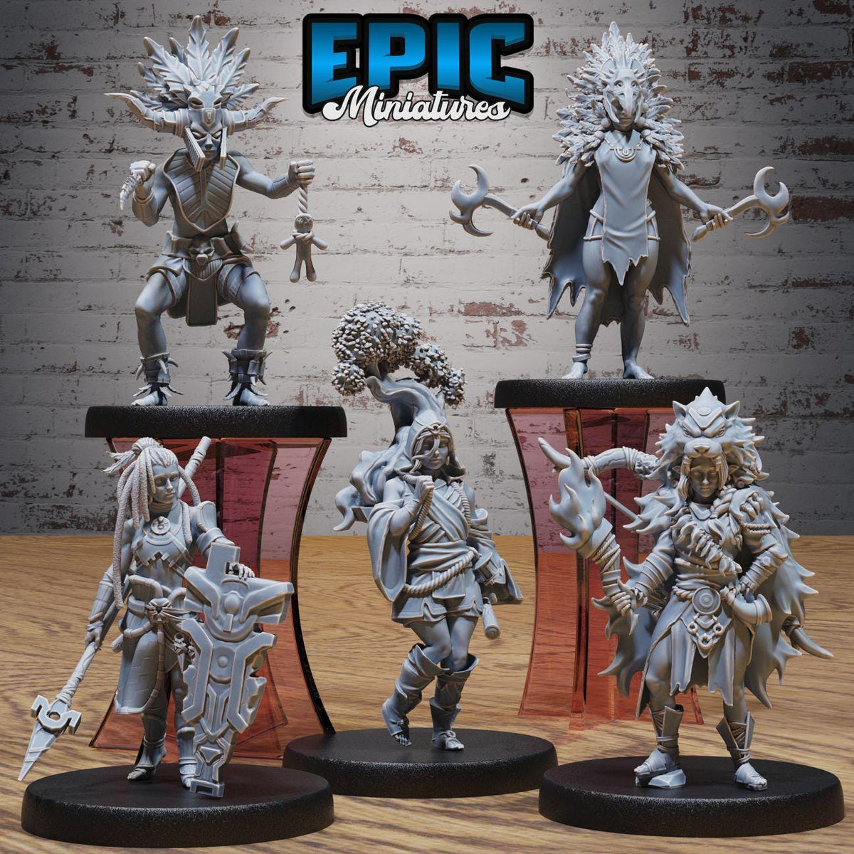 five miniature figures of fantasy characters, each standing on a pedestal and holding various weapons. The background is a brick wall, and the word "EPIC" is displayed prominently above the figures.