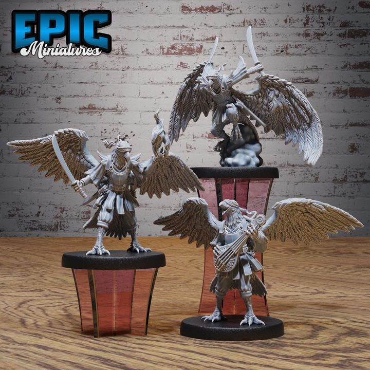 Hawk Folk Set v1 featuring epic miniatures, crafted in premium resin for D&D and TTRPG, displayed on stands.
