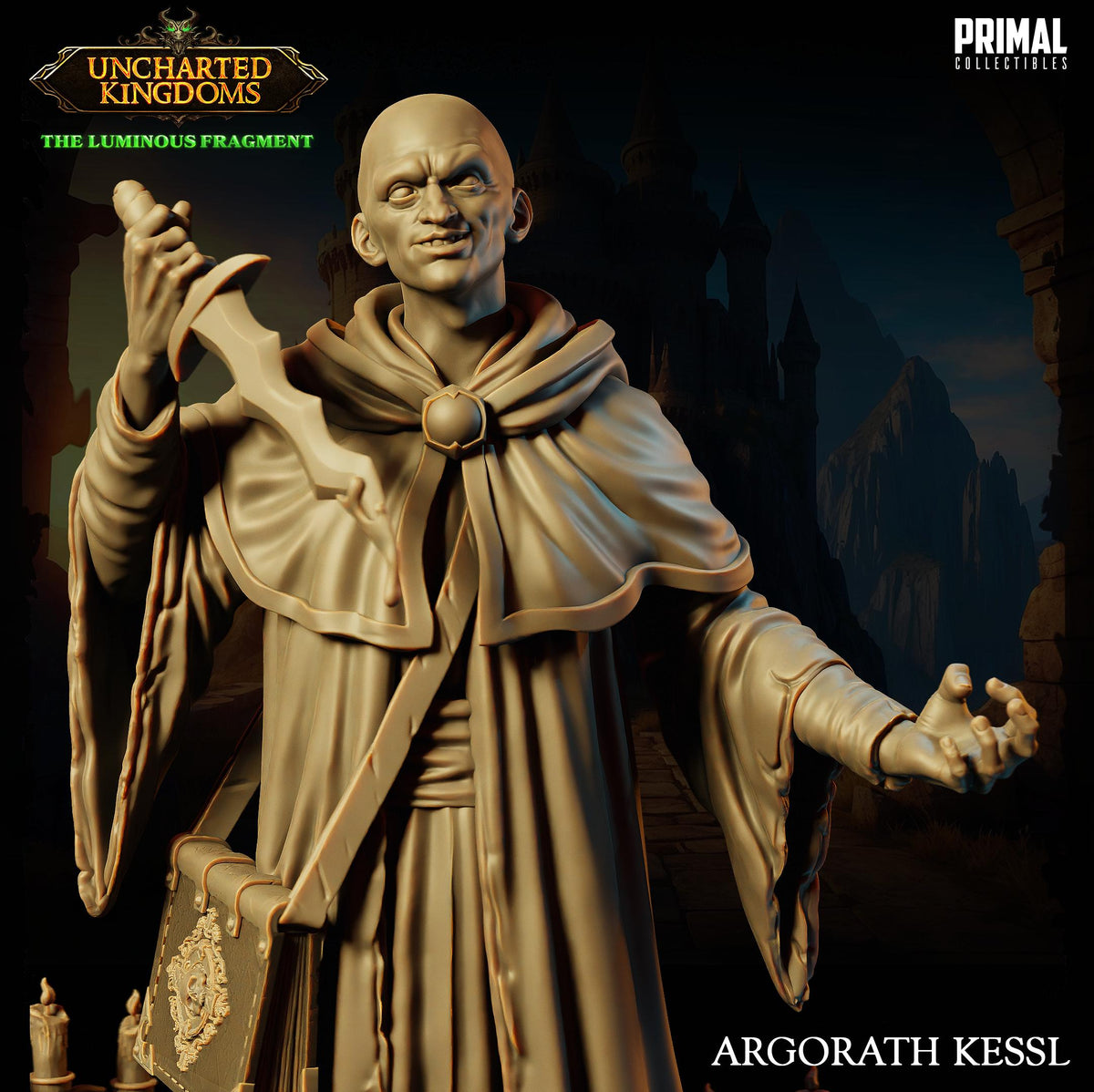 The image is a statue of a character from the video game "Uncharted Kingdoms". The character is wearing a robe and holding a staff, and appears to be in a dramatic pose.